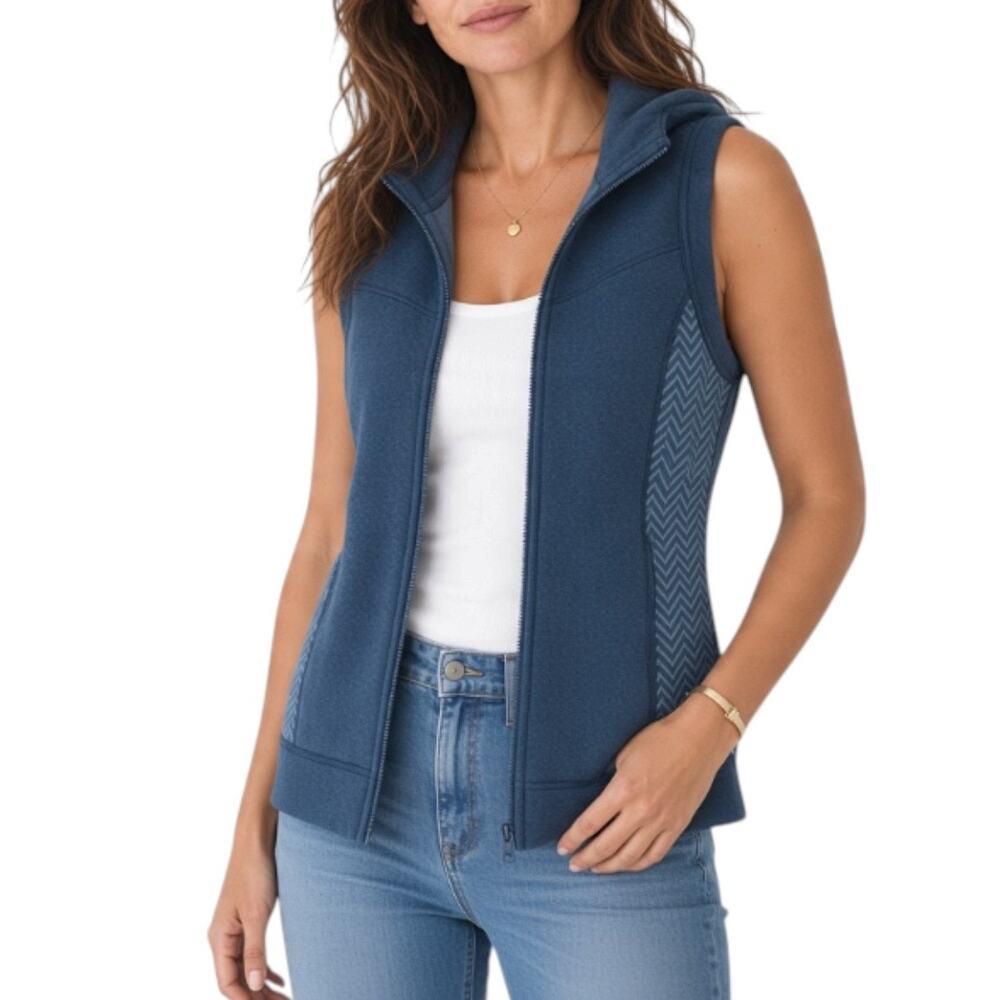 PrAna Maura Wool Blend Hooded Zip Up Vest Sz L Blue Outdoor Everyday Travel Slim
